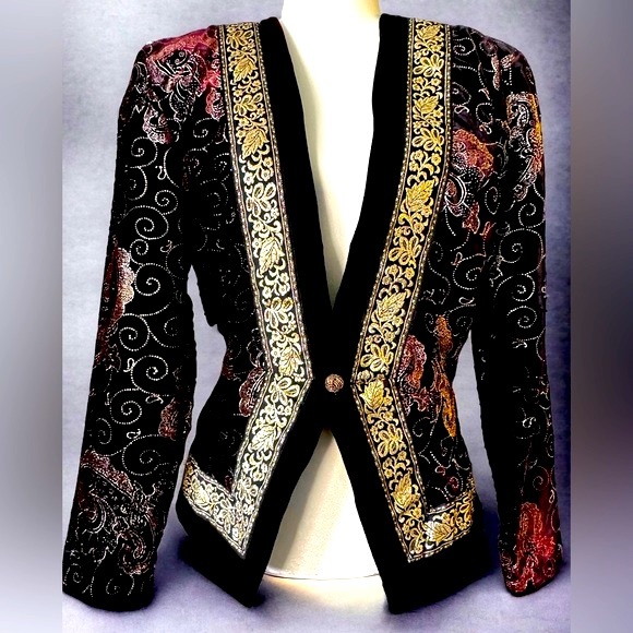 Scott McClintock Vintage Evening Velvet Blazer Jacket Black Gold 10 - Picture 7 of 12
